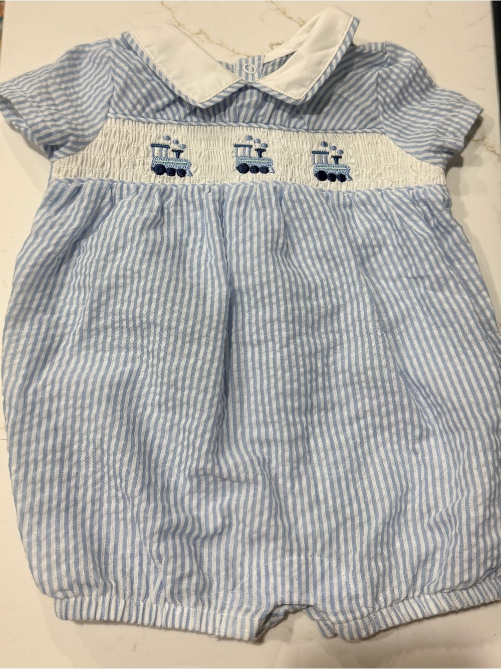 crown & ivy Blue and White Striped Smocked Train One-Piece